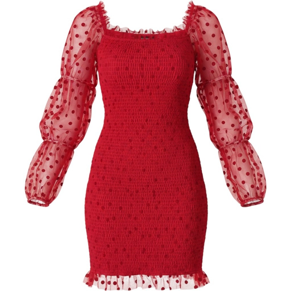 Eilly Bazar Red Polka Dot Smocked Mesh Mini Dress XS New With Tags